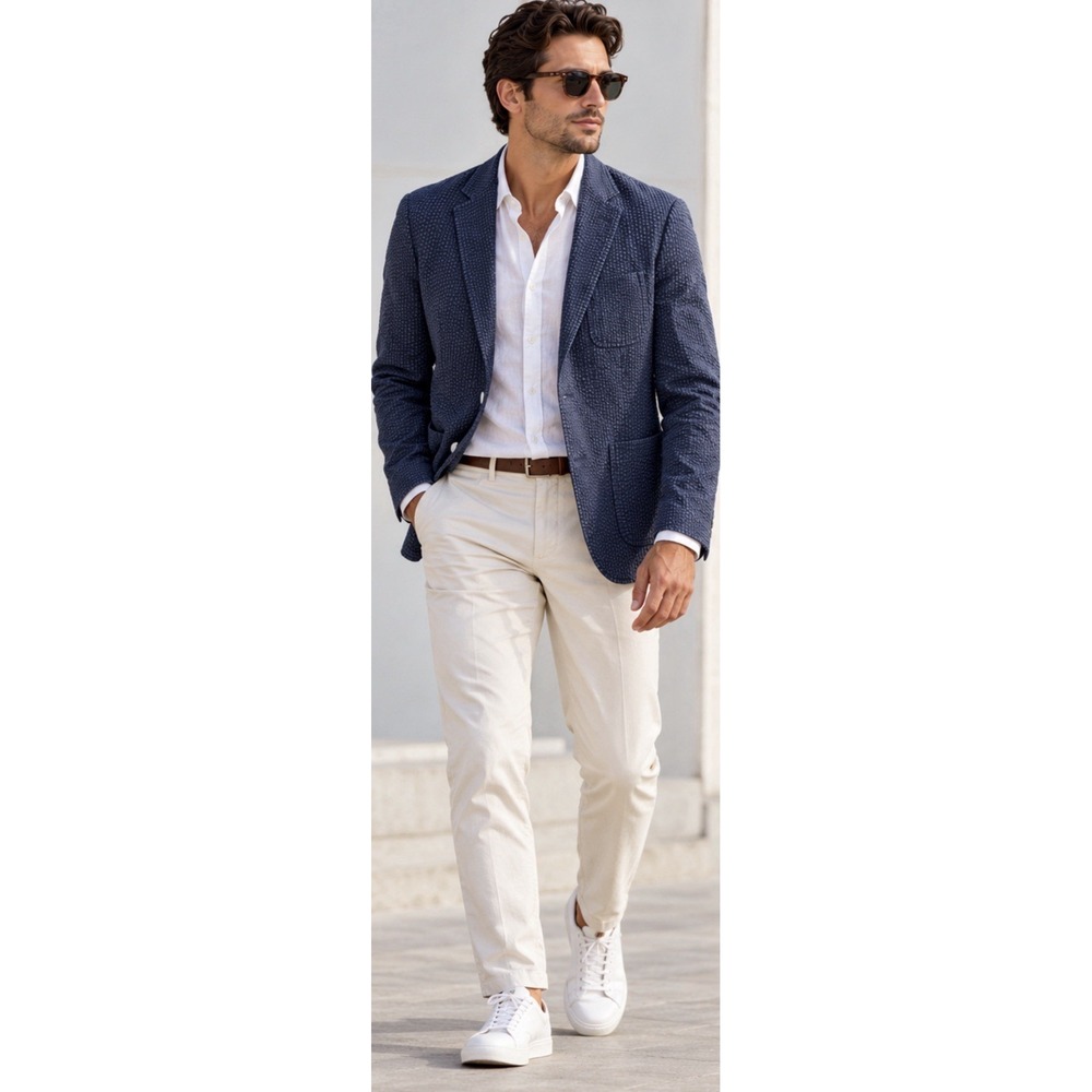 Club Monaco Grant Fit Blazer Men's 38R Navy Blue Seersucker Unstructured Preppy